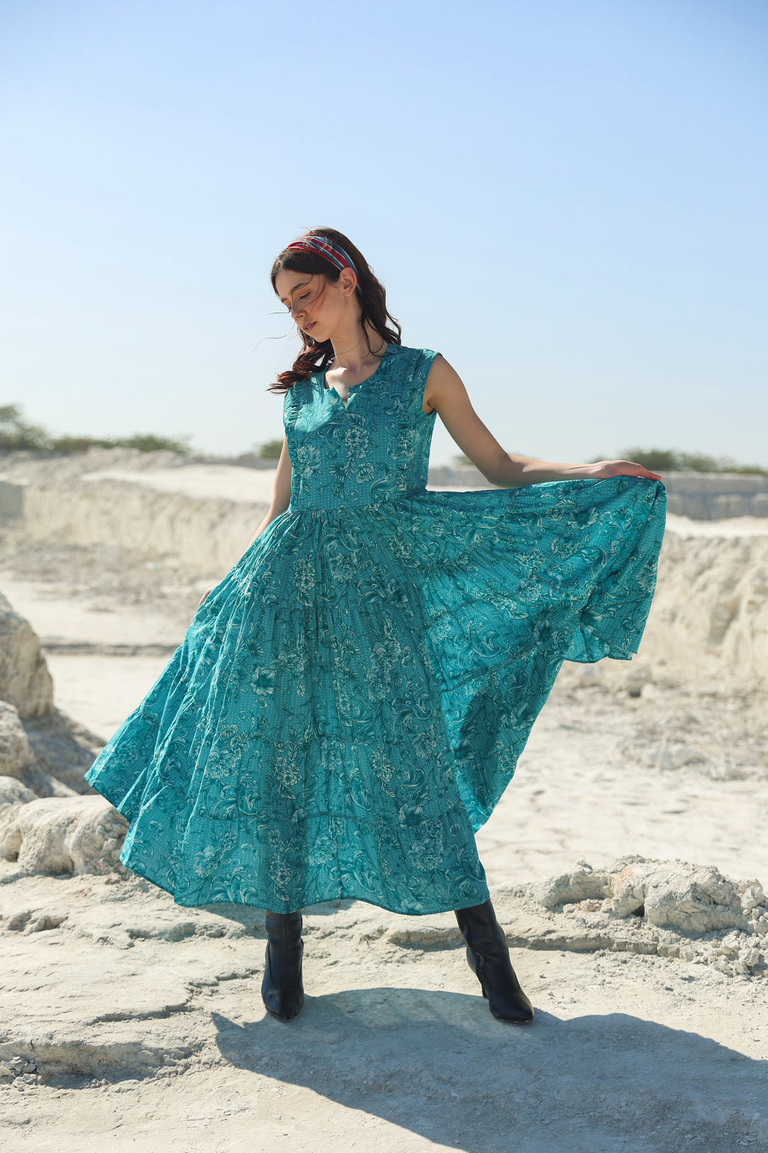 Turqouise blue delicate garden Midi dress