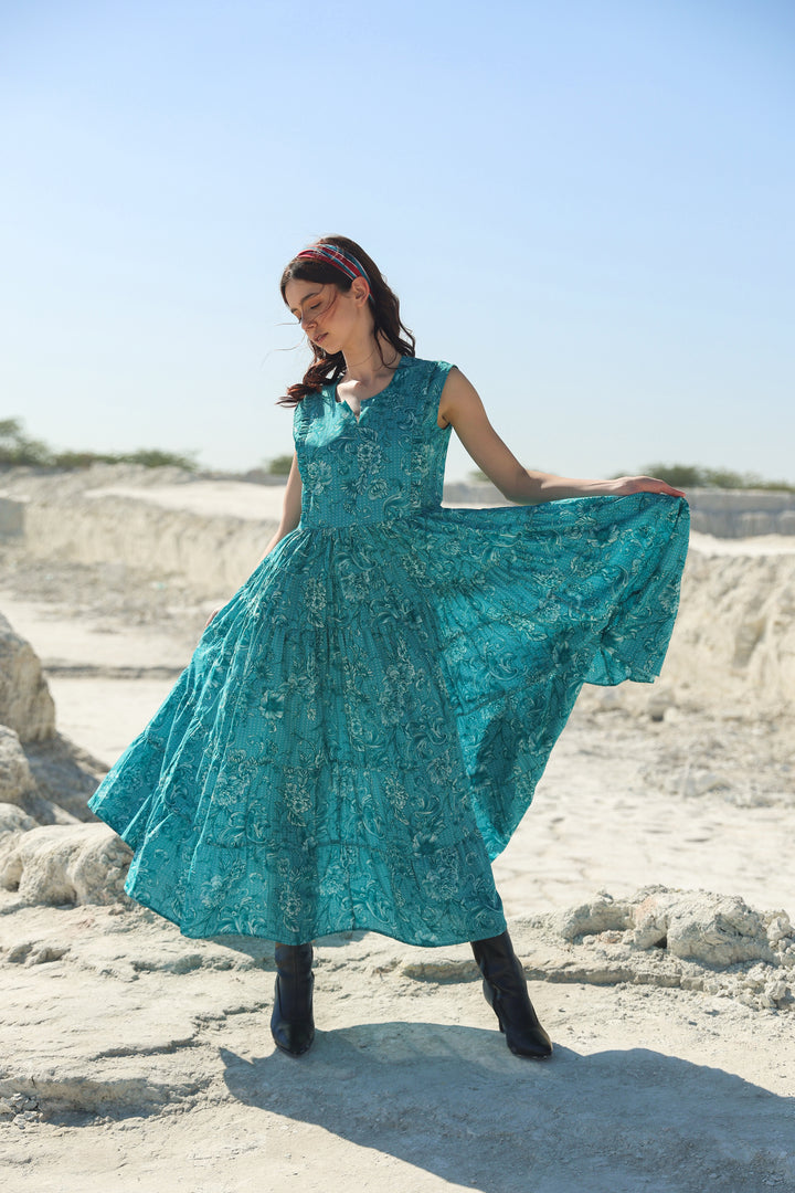 Turqouise blue delicate garden Midi dress
