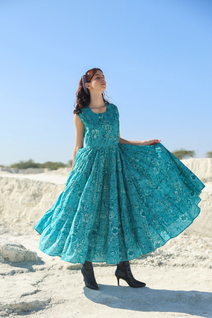Turqouise blue delicate garden Midi dress