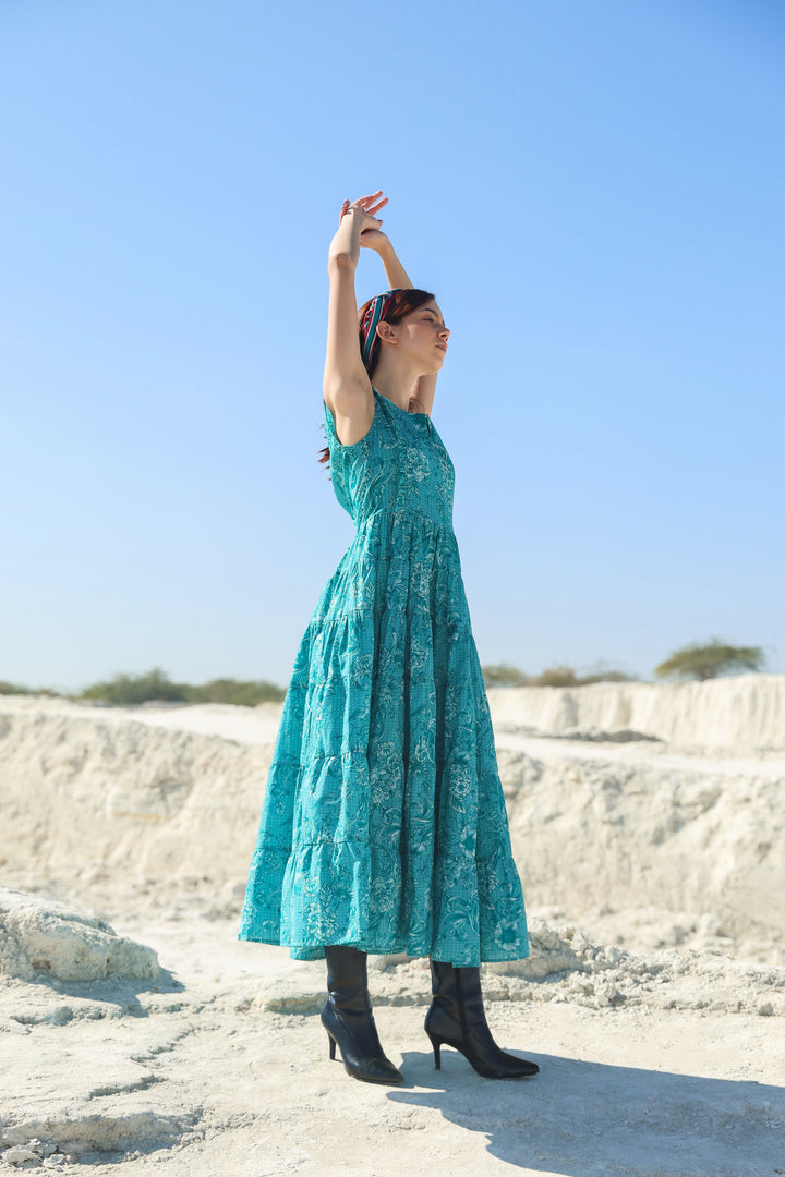 Turqouise blue delicate garden Midi dress