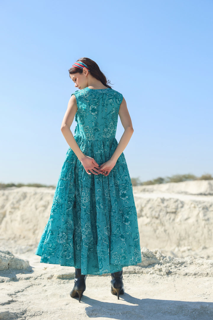 Turqouise blue delicate garden Midi dress