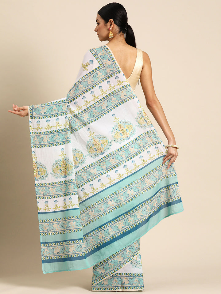 Buta Buti White Colour Floral  Printed Pure Cotton Saree With Unstitched Blouse