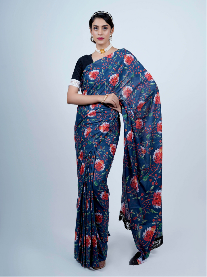 Buta Buti Floral Printed Cotton Tasseled Saree