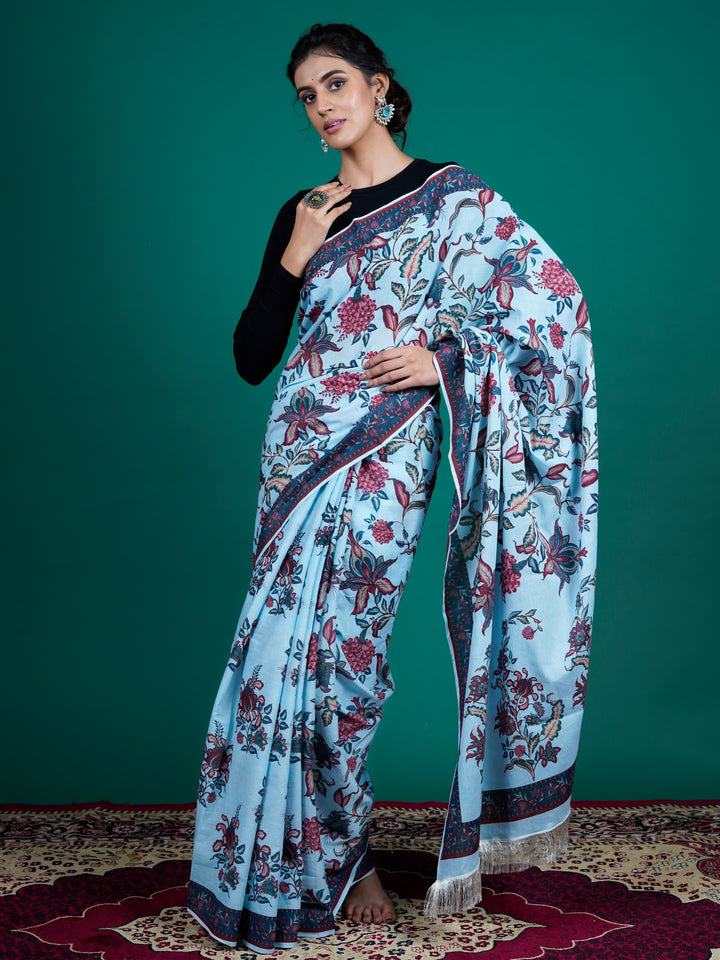 Buta Buti Blue Color Floral Printed Pure Cotton Saree With Unstitched Blouse And lace