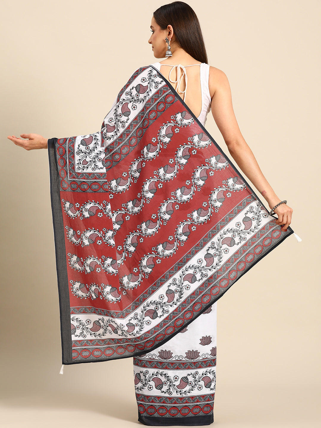 Buta Buti Red Colour Floral Printed Pure Cotton Saree With Unstitched Blouse And Lace
