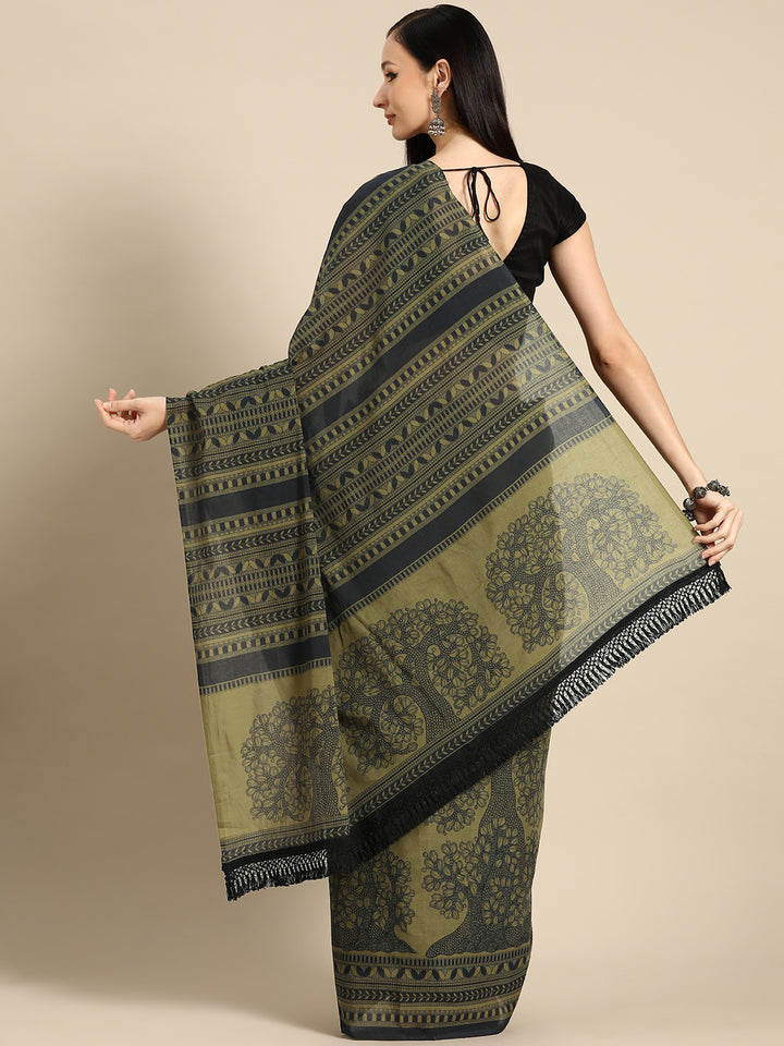 Buta Buti Green Colour Floral Printed Pure Cotton Saree With Unstitched Blouse And Lace