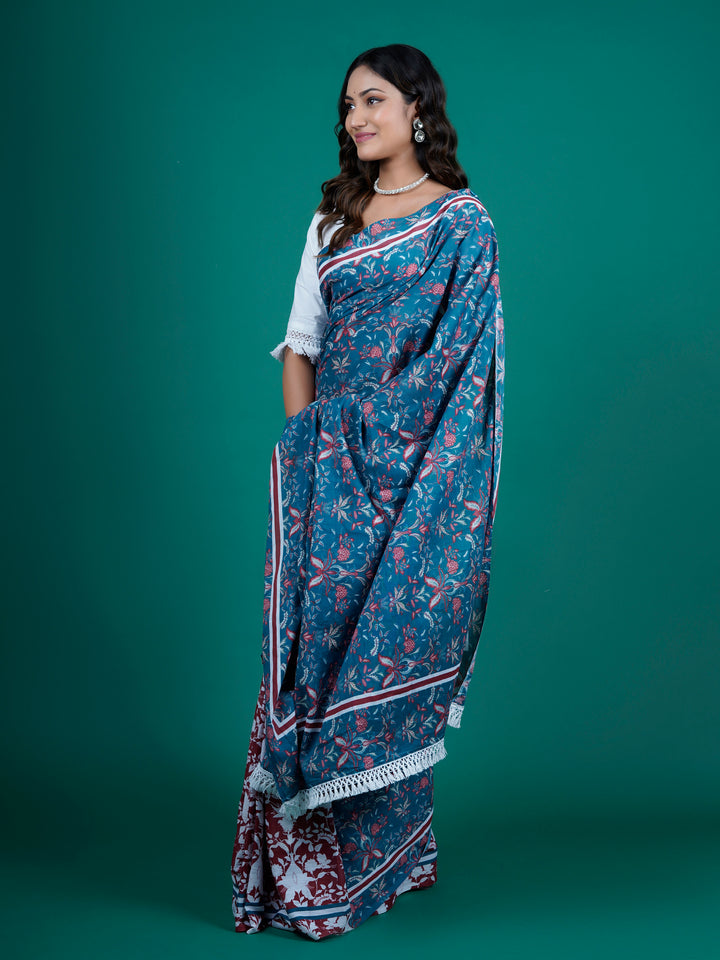 Buta Buti Multi Color Floral Printed Pure Cotton Saree With Unstitched Blouse And lace