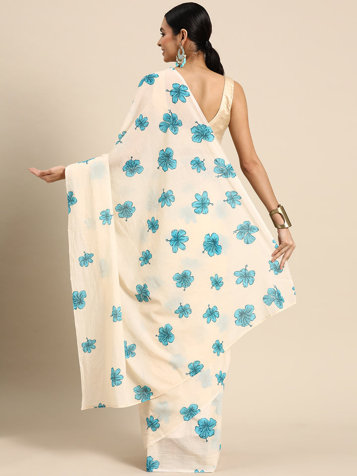 Buta Buti Beige Colour Floral Printed Pure cotton Saree With Unstitched Blouse