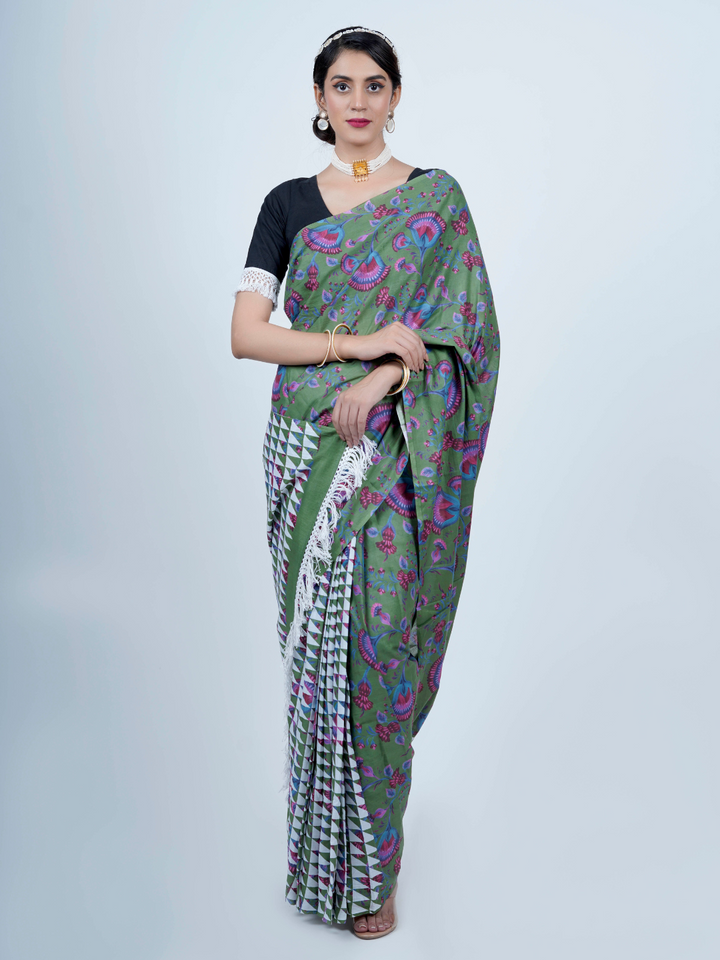 Buta Buti Chintz Floral Printed Cotton Tasseled Saree