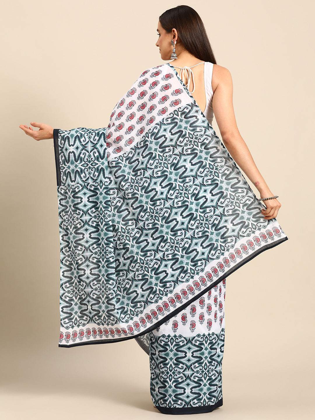 Buta Buti White Colour Floral Printed Pure Cotton Saree With Unstitched Blouse And Lace