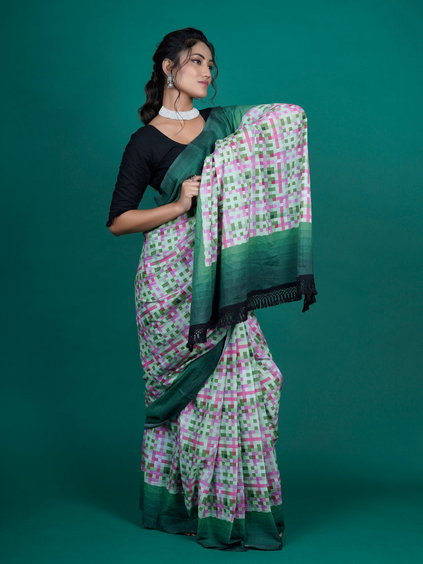 Buta Buti Geometrical Printed Cotton Tasseled Saree