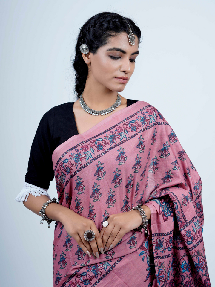 Buta Buti Chintz Floral Printed Cotton Tasseled Saree