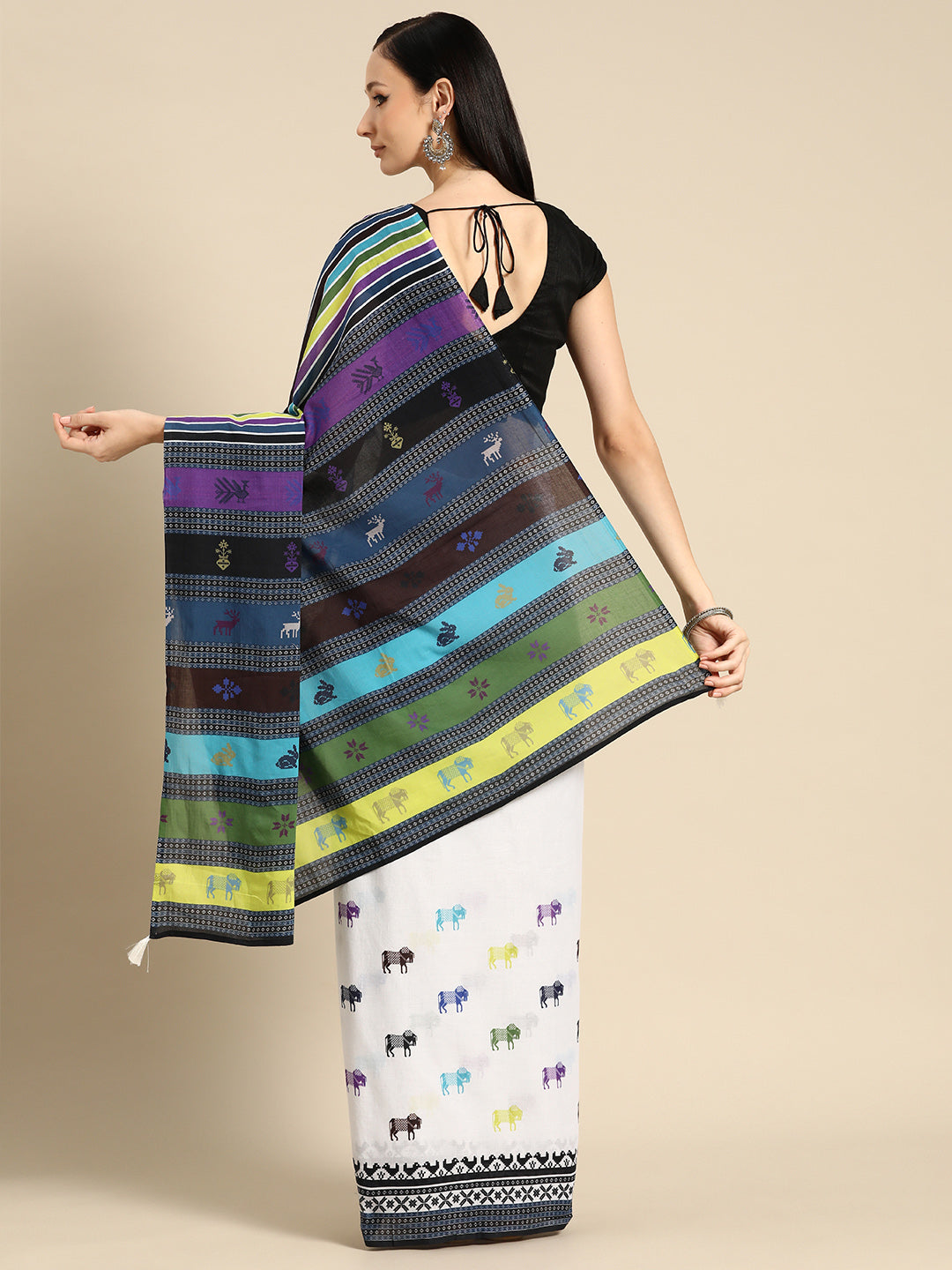 Buta Buti Multi Colour Abstract Printed Pure Cotton Saree With Unstitched Blouse And Lace