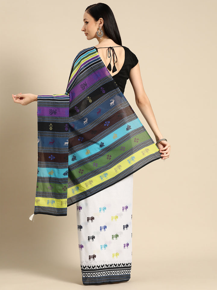 Buta Buti Multi Colour Abstract Printed Pure Cotton Saree With Unstitched Blouse And Lace