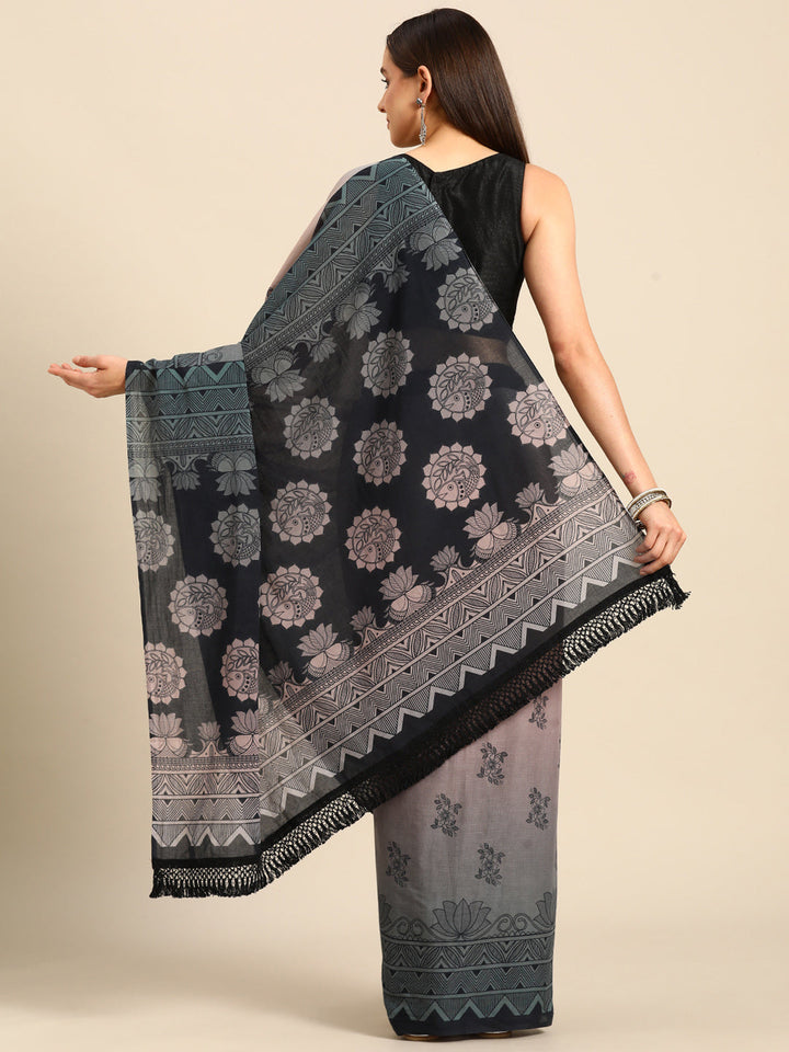 Buta Buti Multi Colour Floral Printed Pure Cotton Saree With Unstitched Blouse And Lace