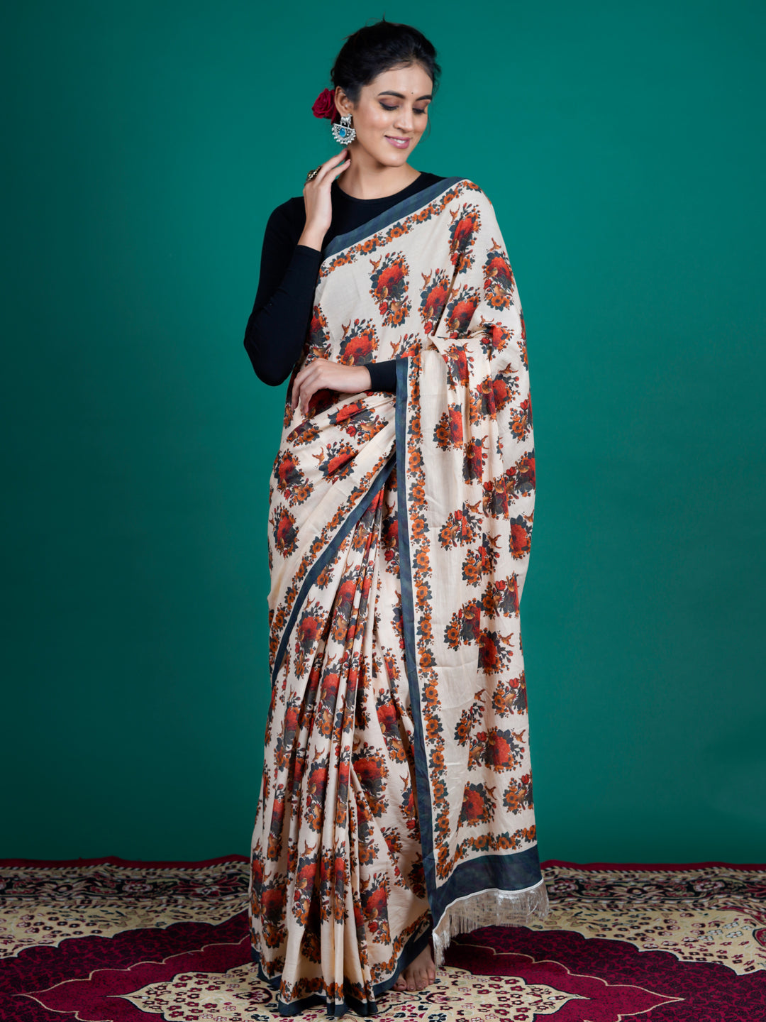 Buta Buti Beige Color Floral Printed Pure Cotton Saree With Unstitched Blouse And lace