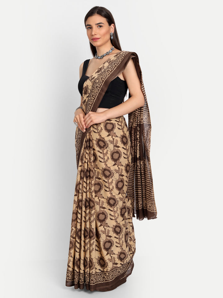 Buta Buti Beige & Brown Floral Pure Cotton Saree