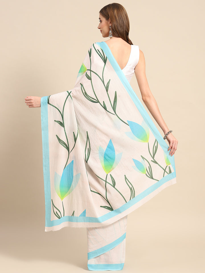 Buta Buti Blue Color Floral  Printed Saree With Unstitched Blouse