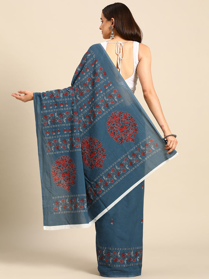 Buta Buti Blue Colour Floral Printed Pure Cotton Saree With Unstitched Blouse And Lace