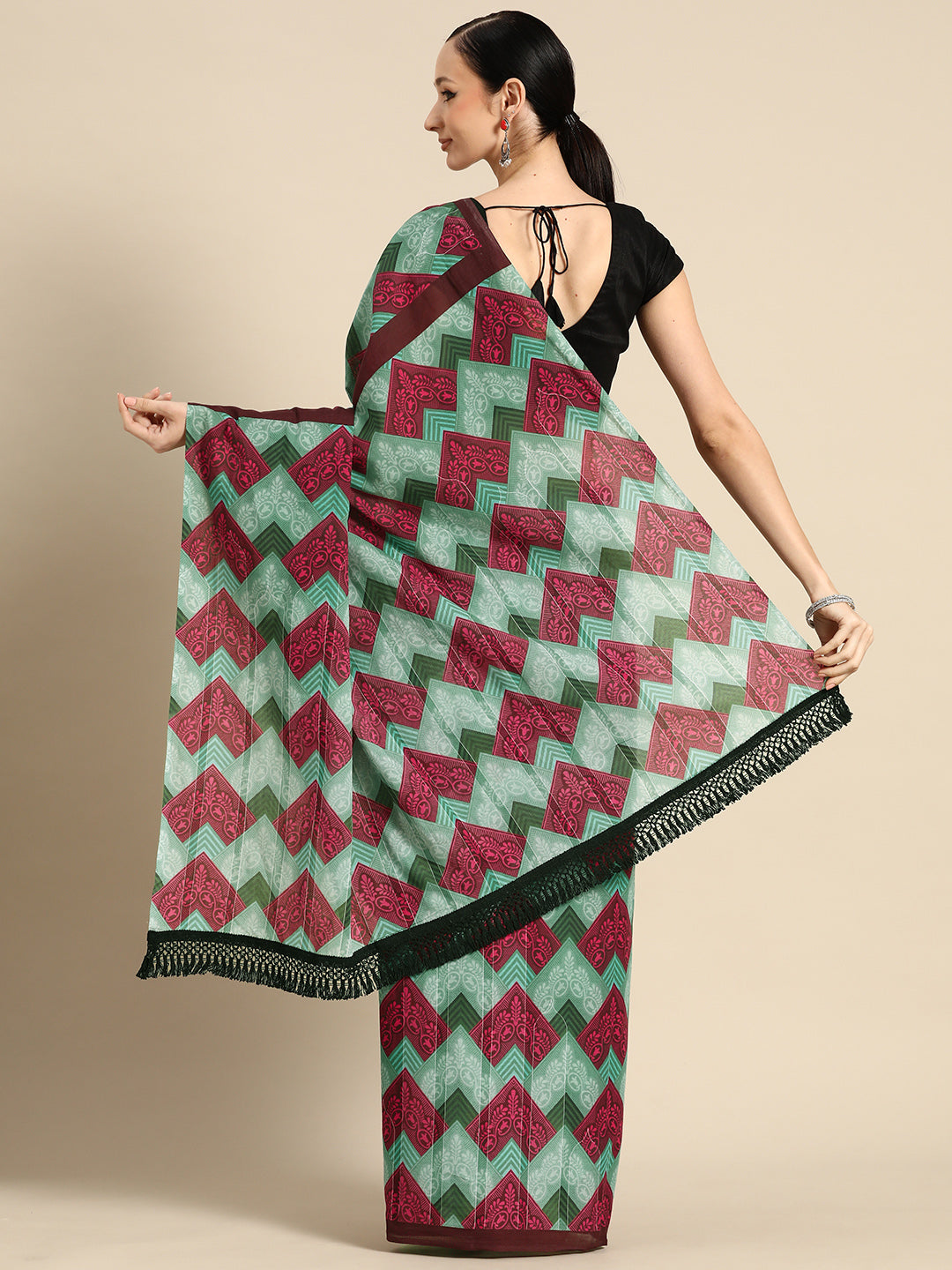 Buta Buti Green Colour Abstract Printed Pure Cotton Saree With Unstitched Blouse And Lace