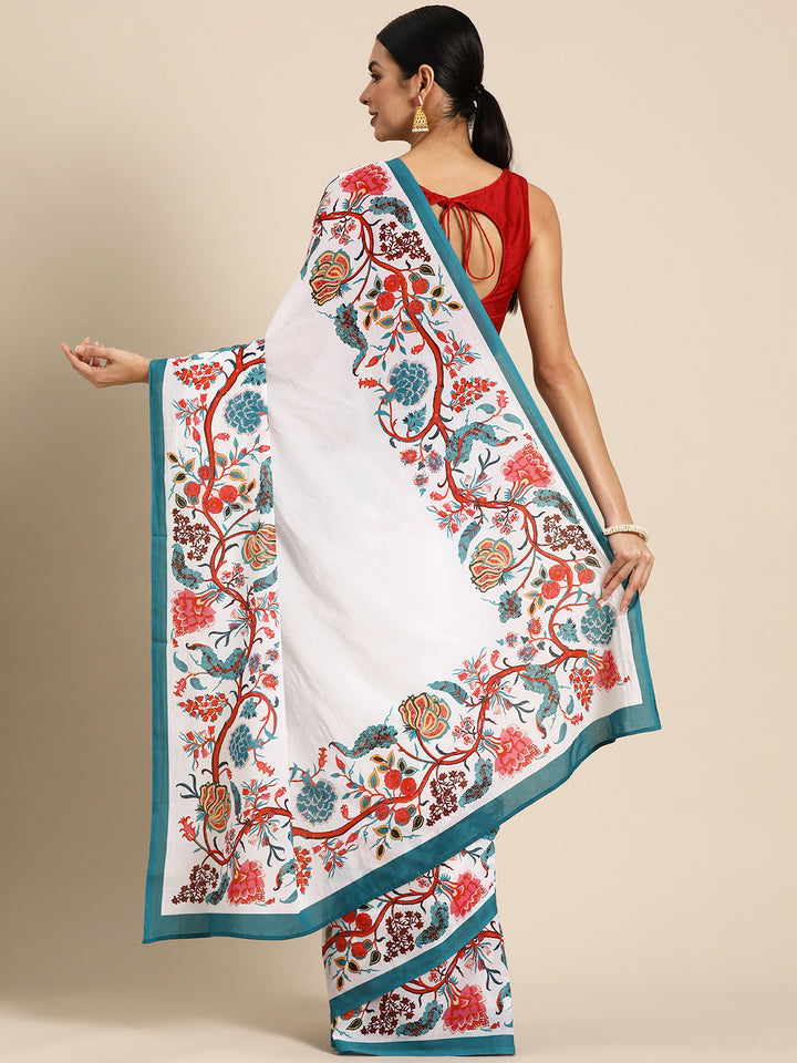 Buta Buti White Colour Floral  Printed Pure Cotton Saree With Unstitched Blouse