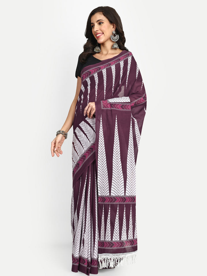 Buta Buti Chevron Printed Pure Cotton Tasseled Saree