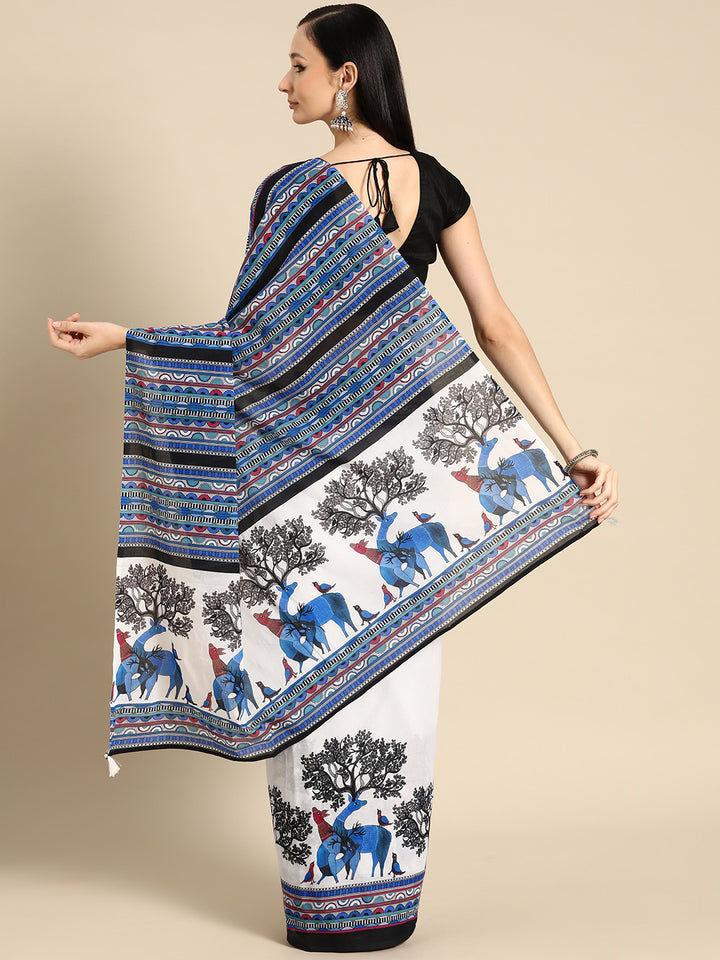 Buta Buti Blue Colour Abstract Printed Pure Cotton Saree With Unstitched Blouse And Lace