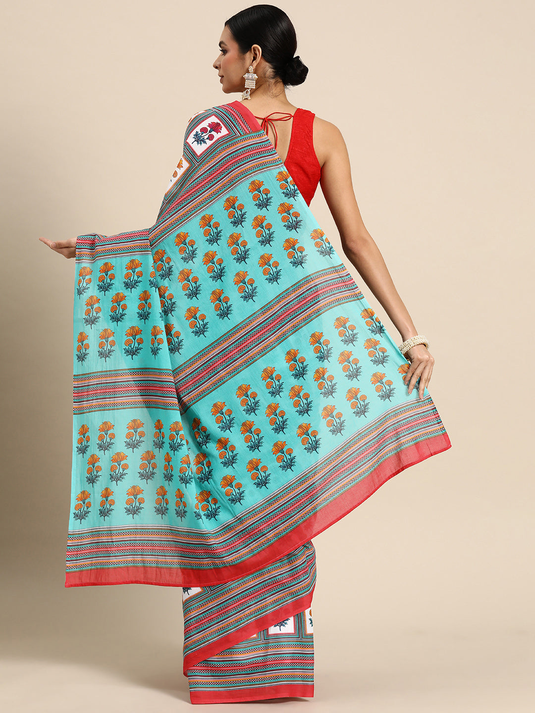 Buta Buti Multi Colour Floral Printed Pure cotton Saree With Unstitched Blouse