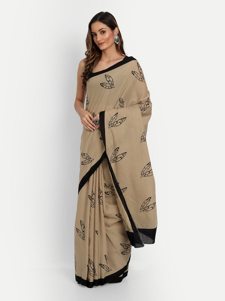 Buta Buti Beige & Black Printed Pure Cotton Saree