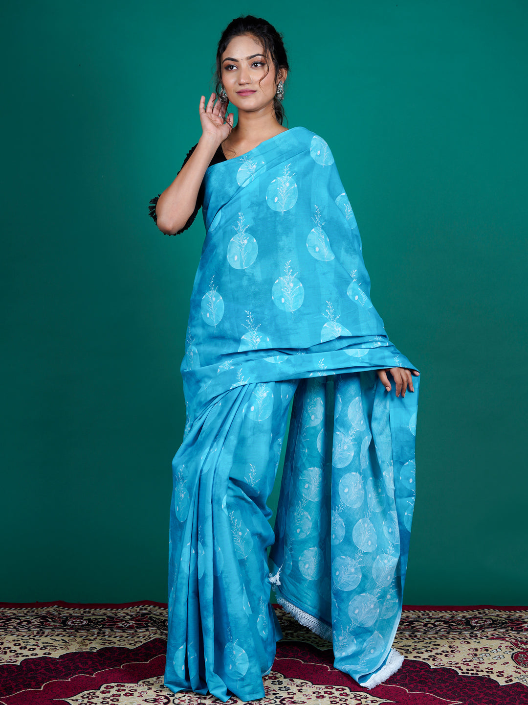 Buta Buti Blue Color Floral Printed Pure Cotton Saree With Unstitched Blouse And lace