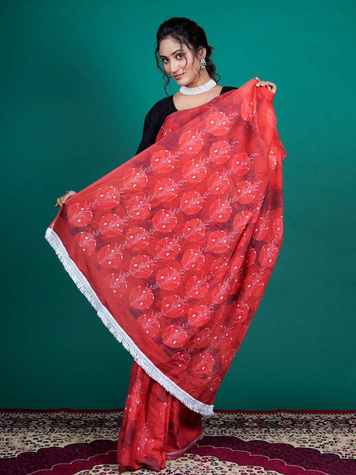 Buta Buti Red Color Floral Printed Pure Cotton Saree With Unstitched Blouse And lace