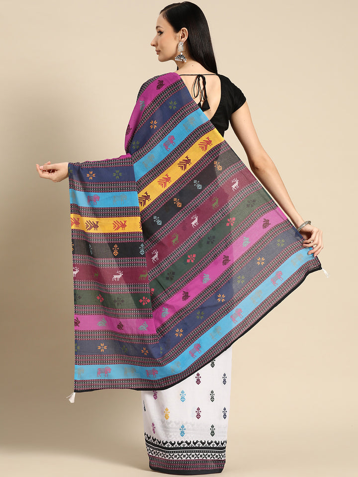 Buta Buti Multi Colour Abstract Printed Pure Cotton Saree With Unstitched Blouse And Lace