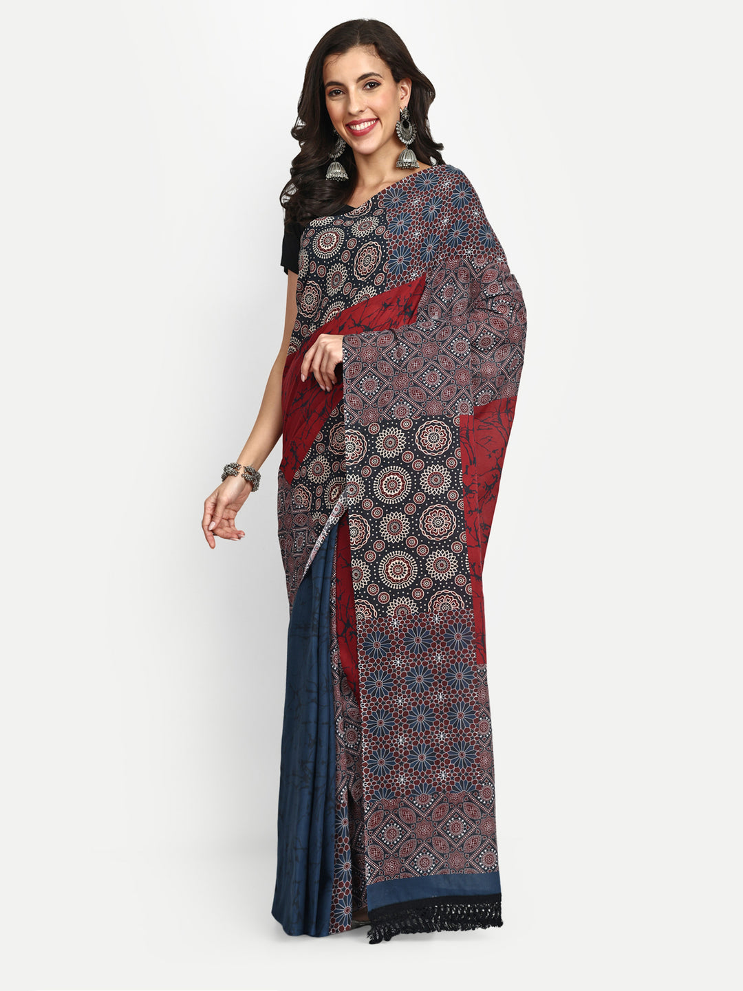 Buta Buti Ajrak Print Pure Cotton Tasseled Saree