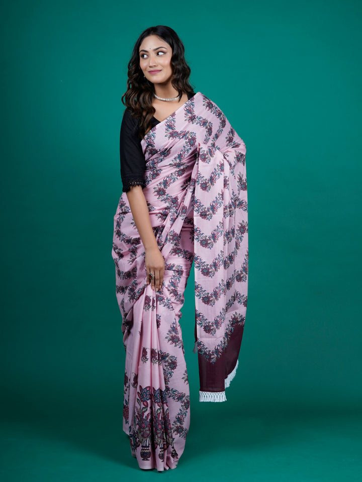 Buta Buti Chintz Floral Printed Cotton Tasseled Saree