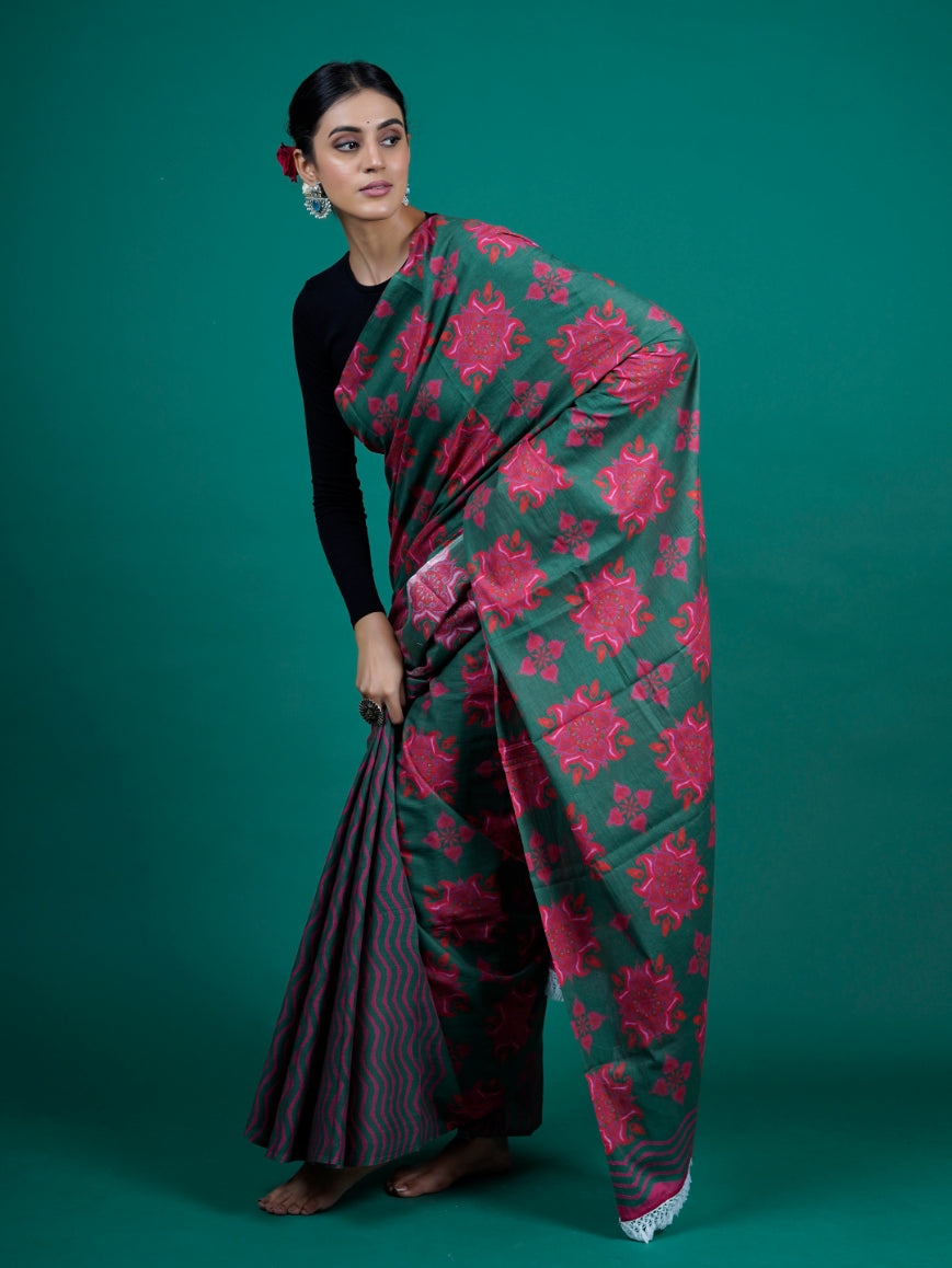 Buta Buti Ikat Printed Cotton Tasseled Saree