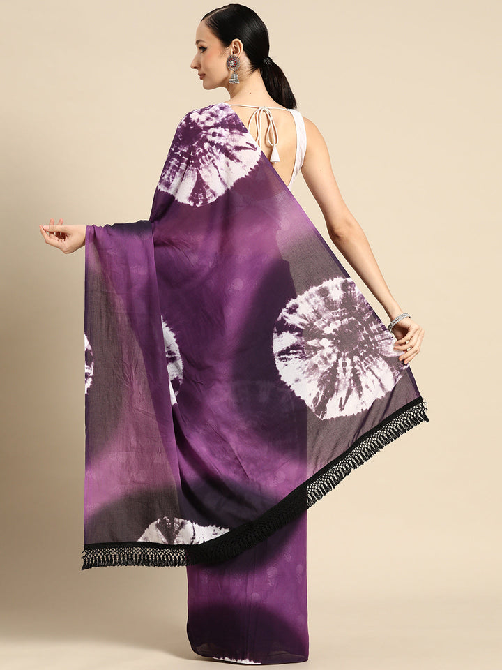 Buta Buti Purple Colour Tie and Dye Printed Pure Cotton Saree With Unstitched Blouse And Lace