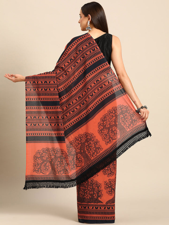 Buta Buti Orange Colour Floral Printed Pure Cotton Saree With Unstitched Blouse And Lace