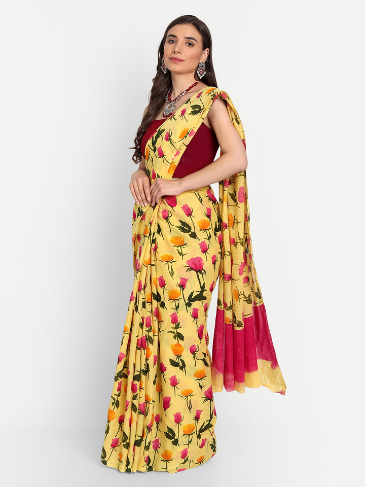 Buta Buti Yellow & Pink Floral Pure Cotton Saree