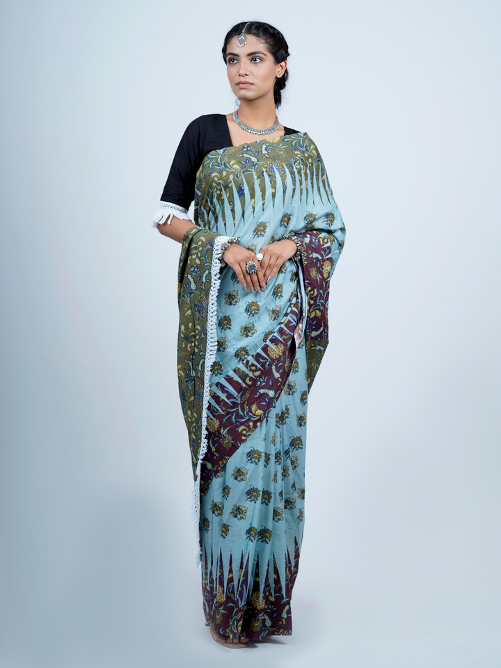 Buta Buti Chintz Floral Printed Cotton Tasseled Saree