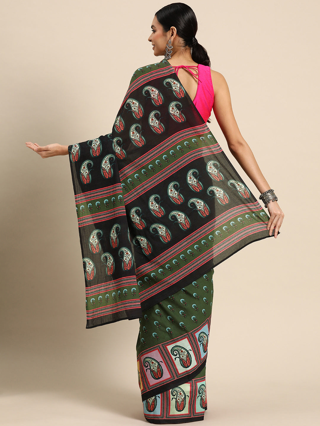 Buta Buti Green Colour Floral Printed Pure cotton Saree With Unstitched Blouse