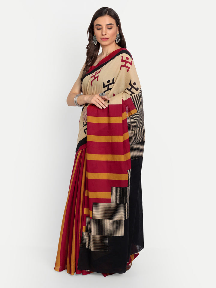 Buta Buti Beige & Red Ethnic Motifs Pure Cotton Saree