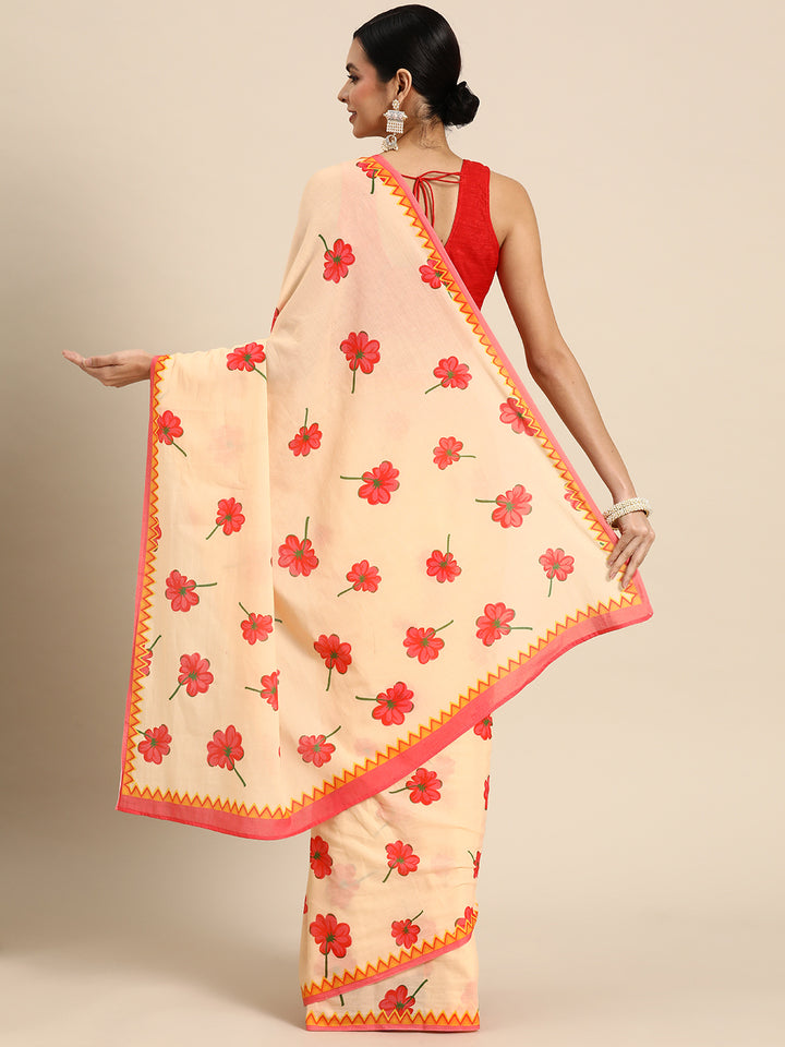 Buta Buti Beige Colour  Printed Pure cotton Saree With Unstitched Blouse