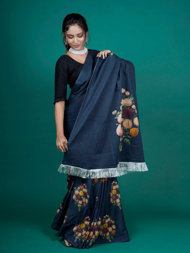 Buta Buti Floral Printed Cotton Tasseled Saree
