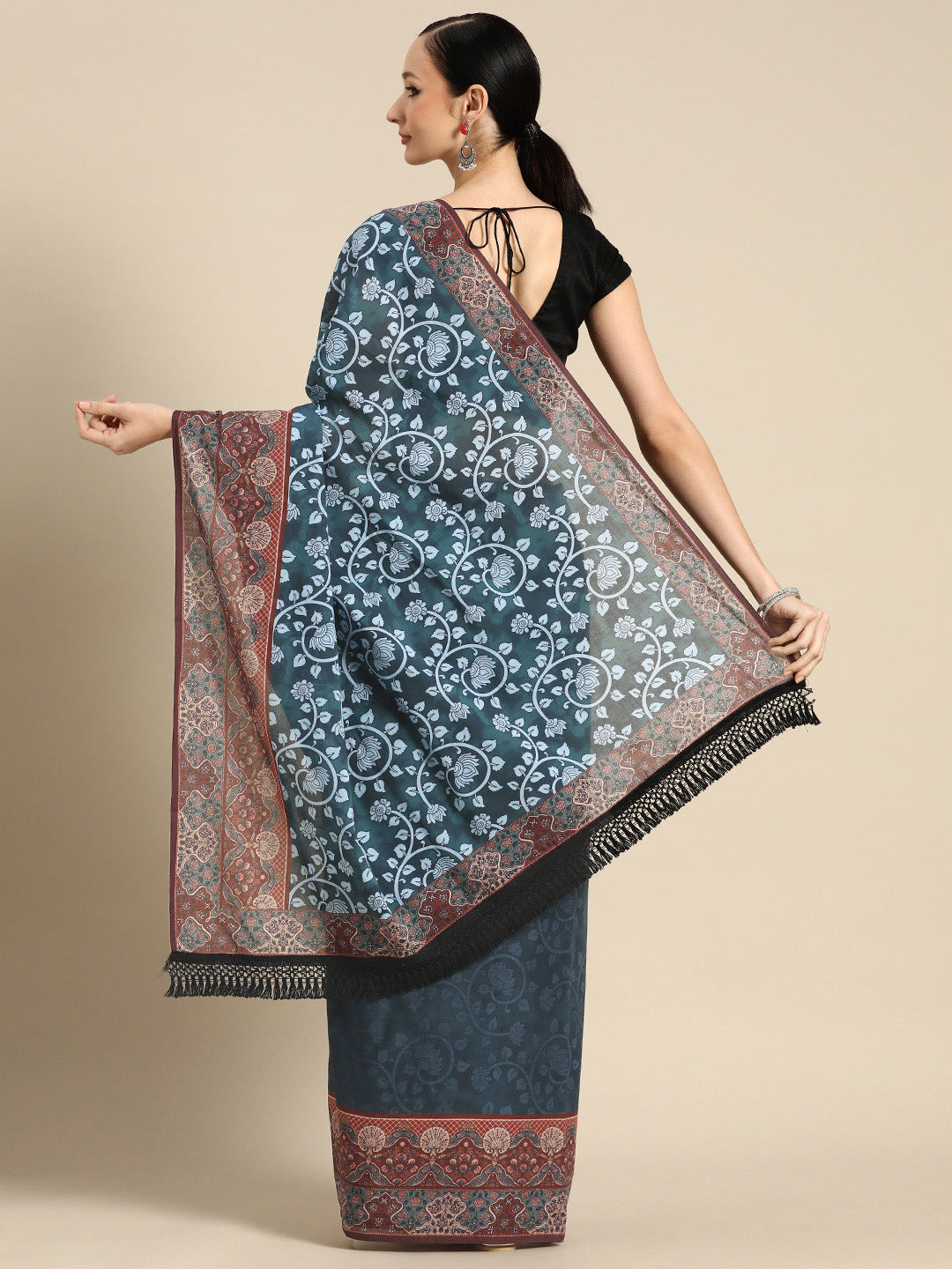 Buta Buti Blue Colour Floral Printed Pure Cotton Saree With Unstitched Blouse And Lace