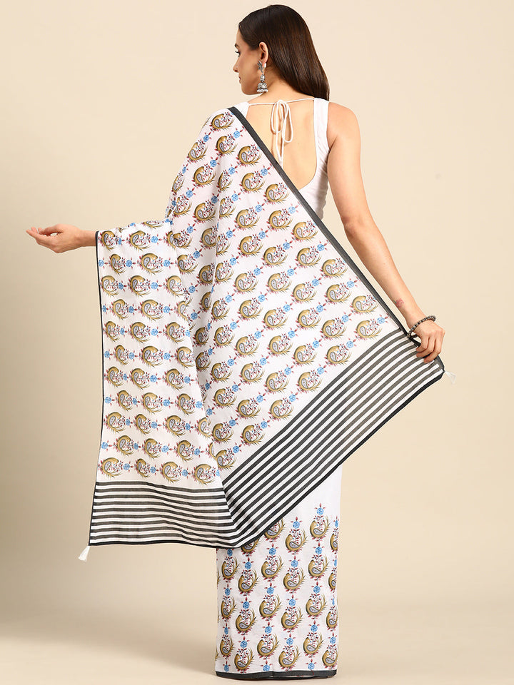 Buta Buti White Colour Floral Printed Pure Cotton Saree With Unstitched Blouse And Lace