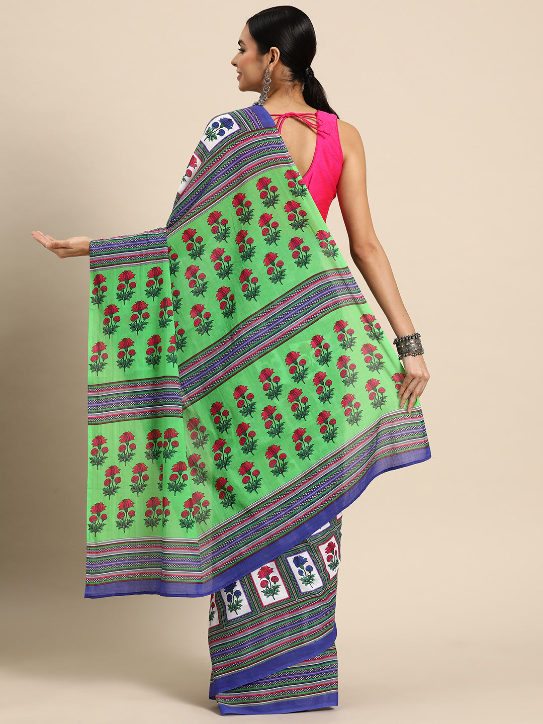 Buta Buti Multi Colour Floral Printed Pure cotton Saree With Unstitched Blouse