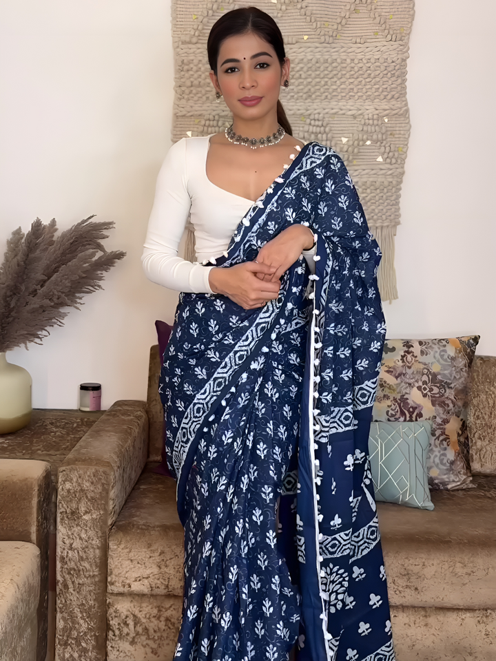 Blue & White Floral Printed Pure Cotton Saree