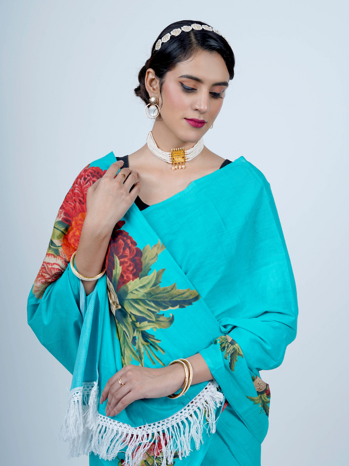 Buta Buti Floral Printed Cotton Tasseled Saree