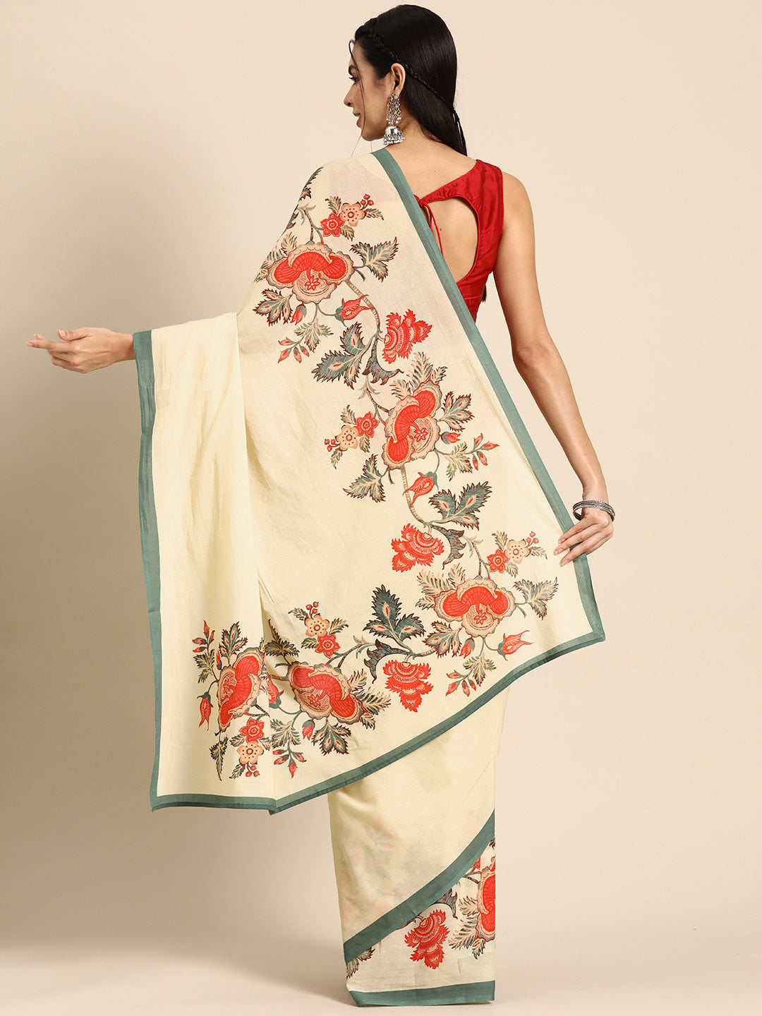 Buta Buti Beige Colour Floral  Printed Pure Cotton Saree With Unstitched Blouse