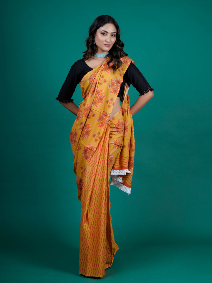 Buta Buti Mustard Color Floral Printed Pure Cotton Saree With Unstitched Blouse And lace